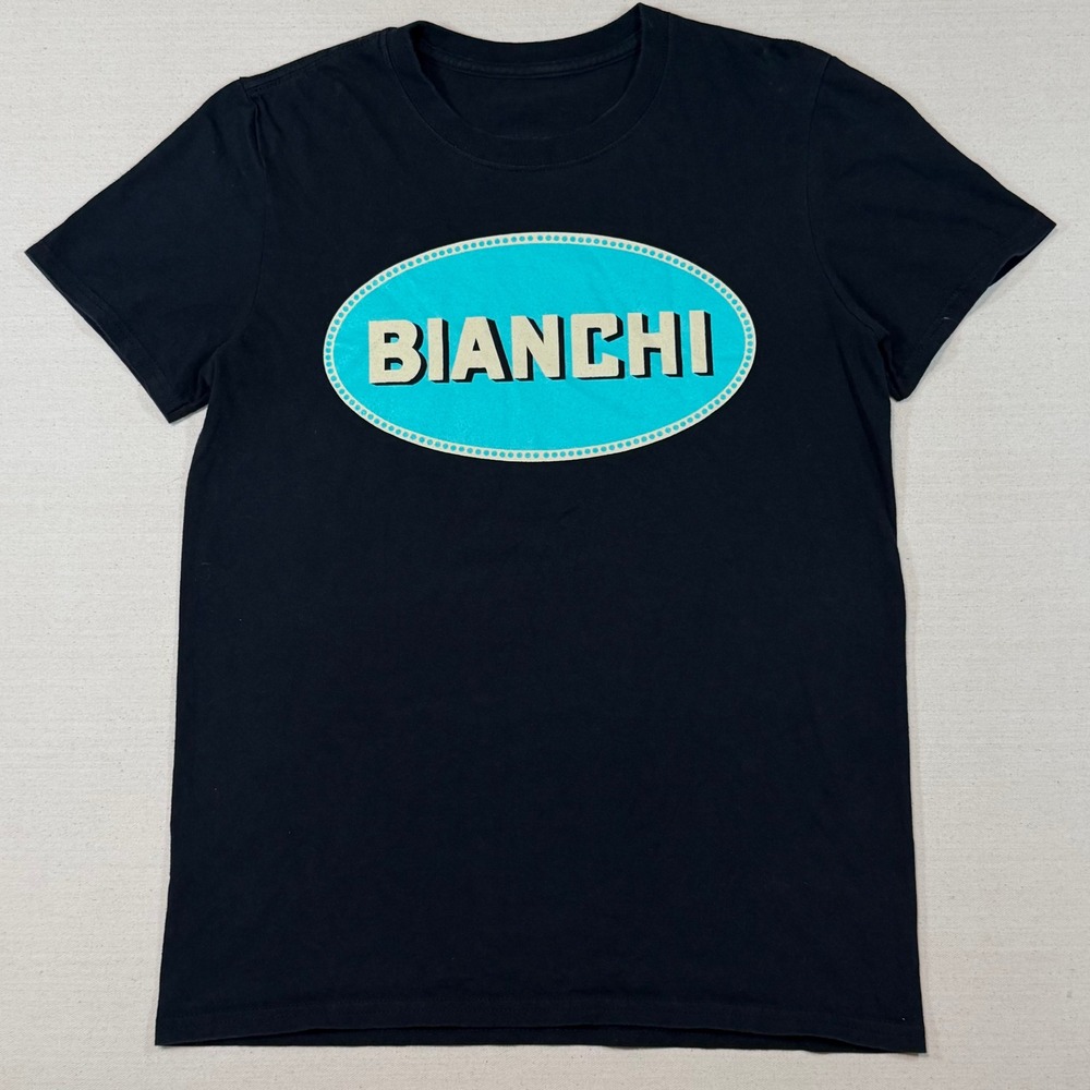 Bianchi Cycling T-Shirt Mens Small Black Celeste Blue Oval Logo Graphic Tee